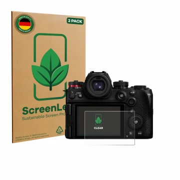 Front side of a product packaging with the brand logo ScreenLeaf. Next to it is the device Panasonic Lumix DC-S1II shown with 