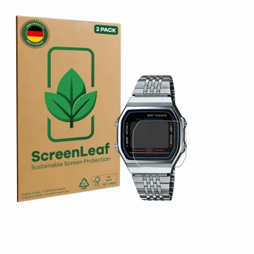 Front side of a product packaging with the brand logo ScreenLeaf. Next to it is the device Casio iconic ABL-100WE-1A shown wit