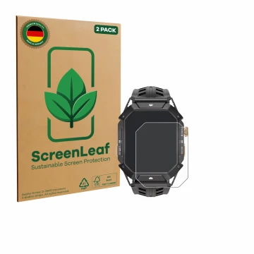Front side of a product packaging with the brand logo ScreenLeaf. Next to it is the device Oukitel BT80 shown with the corresp