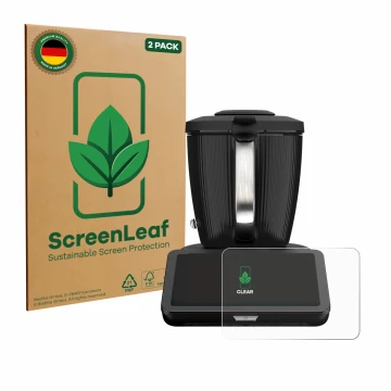Front side of a product packaging with the brand logo ScreenLeaf. Next to it is the device Vorwerk Bimby TM7 shown with the co