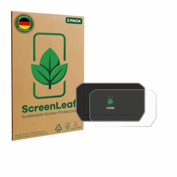 Front side of a product packaging with the brand logo ScreenLeaf. Next to it is the device Ducati V4 Rally (2024) shown with t