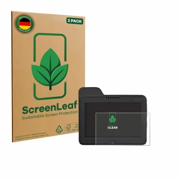 Front side of a product packaging with the brand logo ScreenLeaf. Next to it is the device Naviter Omni shown with the corresp