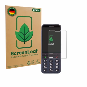 Front side of a product packaging with the brand logo ScreenLeaf. Next to it is the device BlindShell Classic 3 shown with the