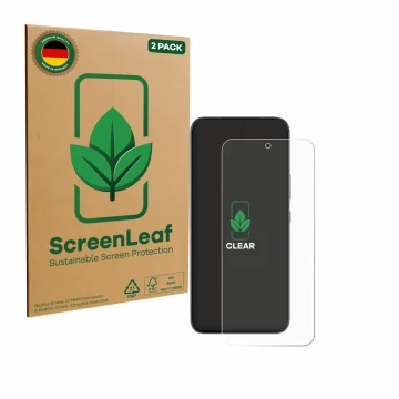 Front side of a product packaging with the brand logo ScreenLeaf. Next to it is the device Infinix GT 30 Pro shown with the co