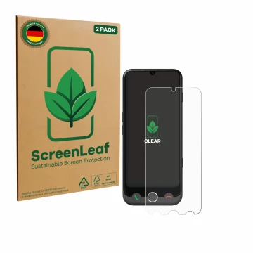 Front side of a product packaging with the brand logo ScreenLeaf. Next to it is the device Doro Aurora A30 shown with the corr