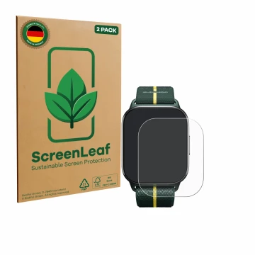 Front side of a product packaging with the brand logo ScreenLeaf. Next to it is the device Motorola Moto watch fit shown with 