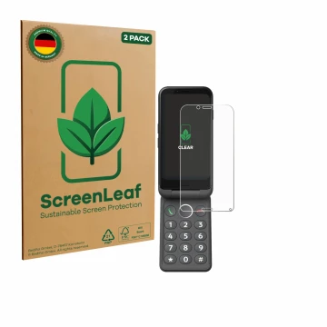 Front side of a product packaging with the brand logo ScreenLeaf. Next to it is the device Doro Aurora A20 shown with the corr