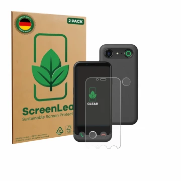 Front side of a product packaging with the brand logo ScreenLeaf. Next to it is the device Doro Aurora A10 (Front+Camera) show