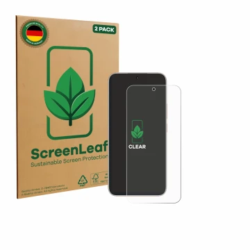 Front side of a product packaging with the brand logo ScreenLeaf. Next to it is the device Honor 400 shown with the correspond