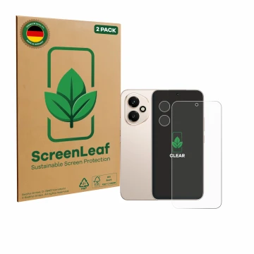 Front side of a product packaging with the brand logo ScreenLeaf. Next to it is the device Honor 400 (Front+Camera) shown with