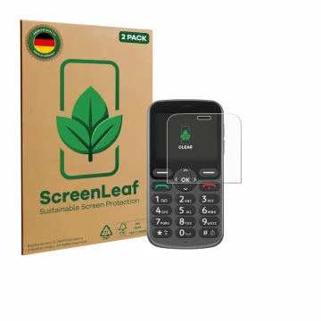 Front side of a product packaging with the brand logo ScreenLeaf. Next to it is the device Doro 1380 shown with the correspond