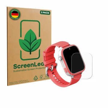 Front side of a product packaging with the brand logo ScreenLeaf. Next to it is the device AngelTech Kids Smartwatch Ultra 1.8