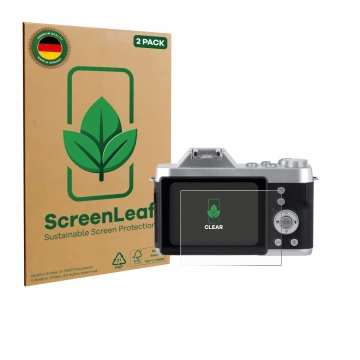 Front side of a product packaging with the brand logo ScreenLeaf. Next to it is the device Rollei Powerflex 10x Retro shown wi