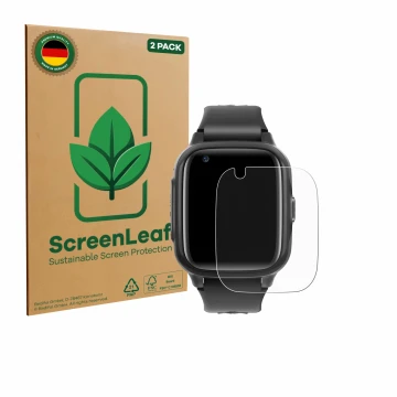 Front side of a product packaging with the brand logo ScreenLeaf. Next to it is the device Krostming Kids Smartwatch GPS 4G sh
