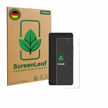 Front side of a product packaging with the brand logo ScreenLeaf. Next to it is the device realme GT 7 shown with the correspo