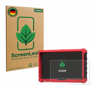 Front side of a product packaging with the brand logo ScreenLeaf. Next to it is the device Lilliput A7s 7