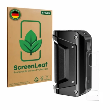 Front side of a product packaging with the brand logo ScreenLeaf. Next to it is the device GeekVape Aegis Legend 3 shown with 