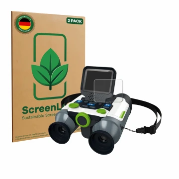 Front side of a product packaging with the brand logo ScreenLeaf. Next to it is the device Vtech Interactive Video Binoculars 
