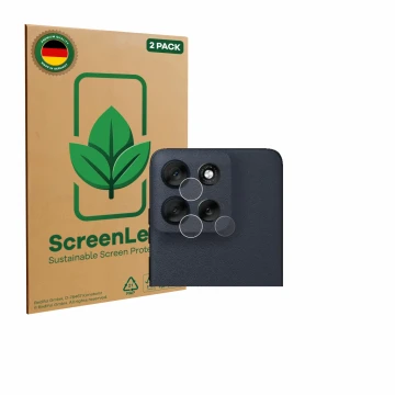 Front side of a product packaging with the brand logo ScreenLeaf. Next to it is the device Motorola Moto G56 (ONLY Camera Lens