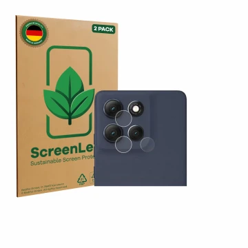 Front side of a product packaging with the brand logo ScreenLeaf. Next to it is the device Motorola Moto G86 (ONLY Camera Lens