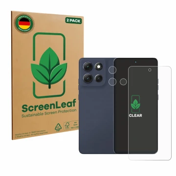 Front side of a product packaging with the brand logo ScreenLeaf. Next to it is the device Motorola Moto G86 Power (Front+Came