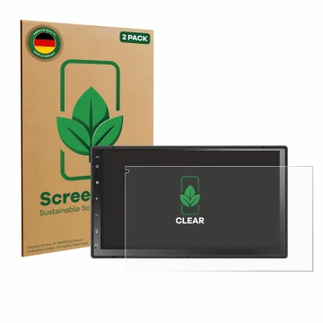 Front side of a product packaging with the brand logo ScreenLeaf. Next to it is the device Atoto A5LG2B7T 7