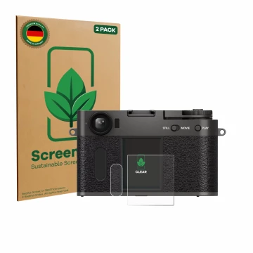 Front side of a product packaging with the brand logo ScreenLeaf. Next to it is the device Fujifilm X Half X-HF1 shown with th