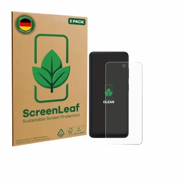 Front side of a product packaging with the brand logo ScreenLeaf. Next to it is the device Xplora HMD Fusion X1 shown with the