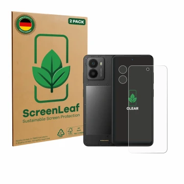 Front side of a product packaging with the brand logo ScreenLeaf. Next to it is the device Xplora HMD Fusion X1 (Front+Camera)