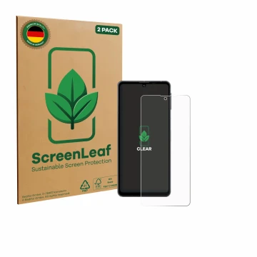 Front side of a product packaging with the brand logo ScreenLeaf. Next to it is the device Sharp Aquos Sense 8 shown with the 