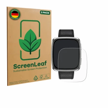 Front side of a product packaging with the brand logo ScreenLeaf. Next to it is the device Amazfit Active 2 (rectangular) show