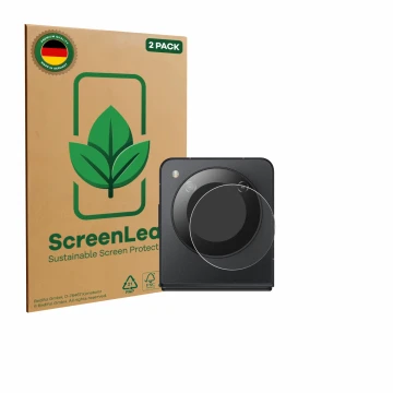 Front side of a product packaging with the brand logo ScreenLeaf. Next to it is the device Nubia Flip 5G (ONLY Camera) shown w