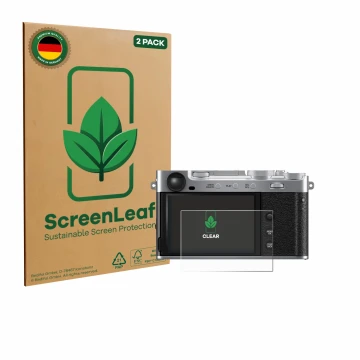 Front side of a product packaging with the brand logo ScreenLeaf. Next to it is the device Fujifilm X-E5 shown with the corres