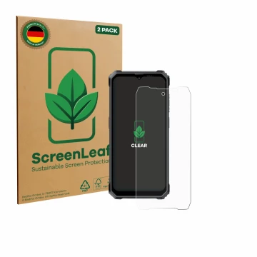Front side of a product packaging with the brand logo ScreenLeaf. Next to it is the device Blackview BL7000 shown with the cor