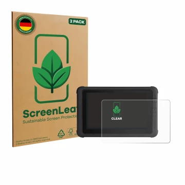 Front side of a product packaging with the brand logo ScreenLeaf. Next to it is the device Webfleet PRO 8475 shown with the co