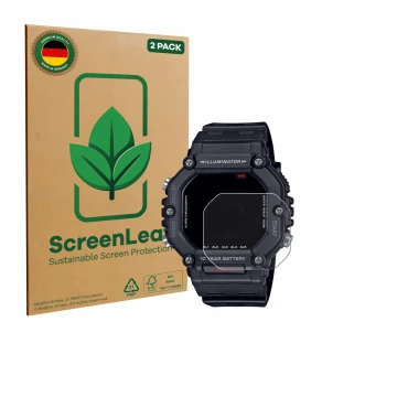 Front side of a product packaging with the brand logo ScreenLeaf. Next to it is the device Casio AE-1600H shown with the corre