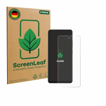 Front side of a product packaging with the brand logo ScreenLeaf. Next to it is the device Oppo A40 shown with the correspondi