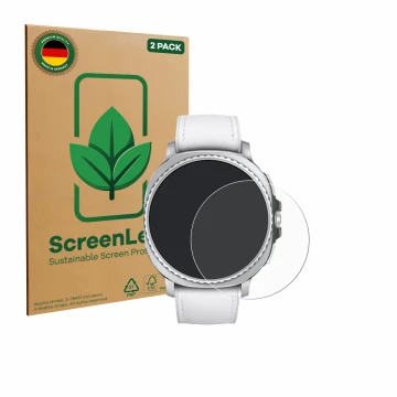 Front side of a product packaging with the brand logo ScreenLeaf. Next to it is the device Samsung Galaxy Watch 8 Classic (46 