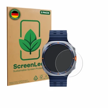 Front side of a product packaging with the brand logo ScreenLeaf. Next to it is the device Samsung Galaxy Watch Ultra 2 (47 mm