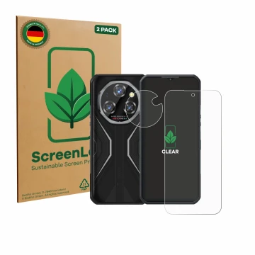 Front side of a product packaging with the brand logo ScreenLeaf. Next to it is the device Oukitel WP55 Pro (Front+Camera) sho