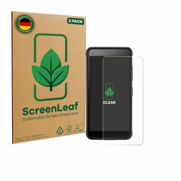 Front side of a product packaging with the brand logo ScreenLeaf. Next to it is the device SkyCaddie Pro 4X shown with the cor