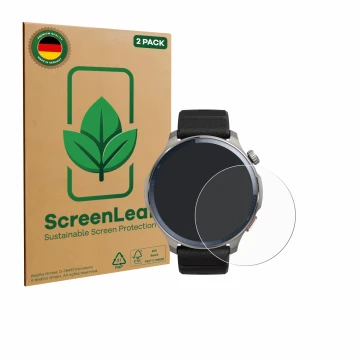 Front side of a product packaging with the brand logo ScreenLeaf. Next to it is the device Huami Amazfit Balance 2 shown with 