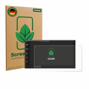 Front side of a product packaging with the brand logo ScreenLeaf. Next to it is the device Kenwood DMX6523DABS shown with the 