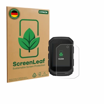 Front side of a product packaging with the brand logo ScreenLeaf. Next to it is the device Garmin Edge MTB shown with the corr