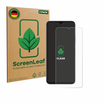 Front side of a product packaging with the brand logo ScreenLeaf. Next to it is the device Huawei Nova Y61 shown with the corr