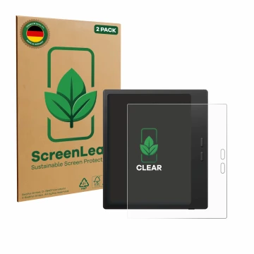 Front side of a product packaging with the brand logo ScreenLeaf. Next to it is the device Boox Go Color 7 Gen II shown with t