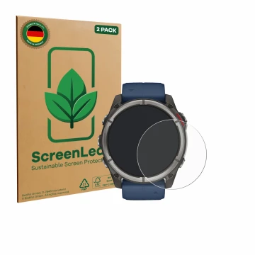 Front side of a product packaging with the brand logo ScreenLeaf. Next to it is the device Garmin quatix 8 (51 mm) shown with 