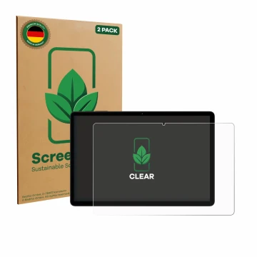 Front side of a product packaging with the brand logo ScreenLeaf. Next to it is the device Doogee Tab G6 shown with the corres