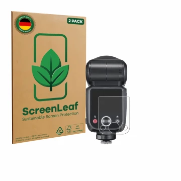 Front side of a product packaging with the brand logo ScreenLeaf. Next to it is the device Godox V100 shown with the correspon