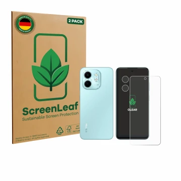 Front side of a product packaging with the brand logo ScreenLeaf. Next to it is the device Infinix Smart 9 (Front+Camera) show